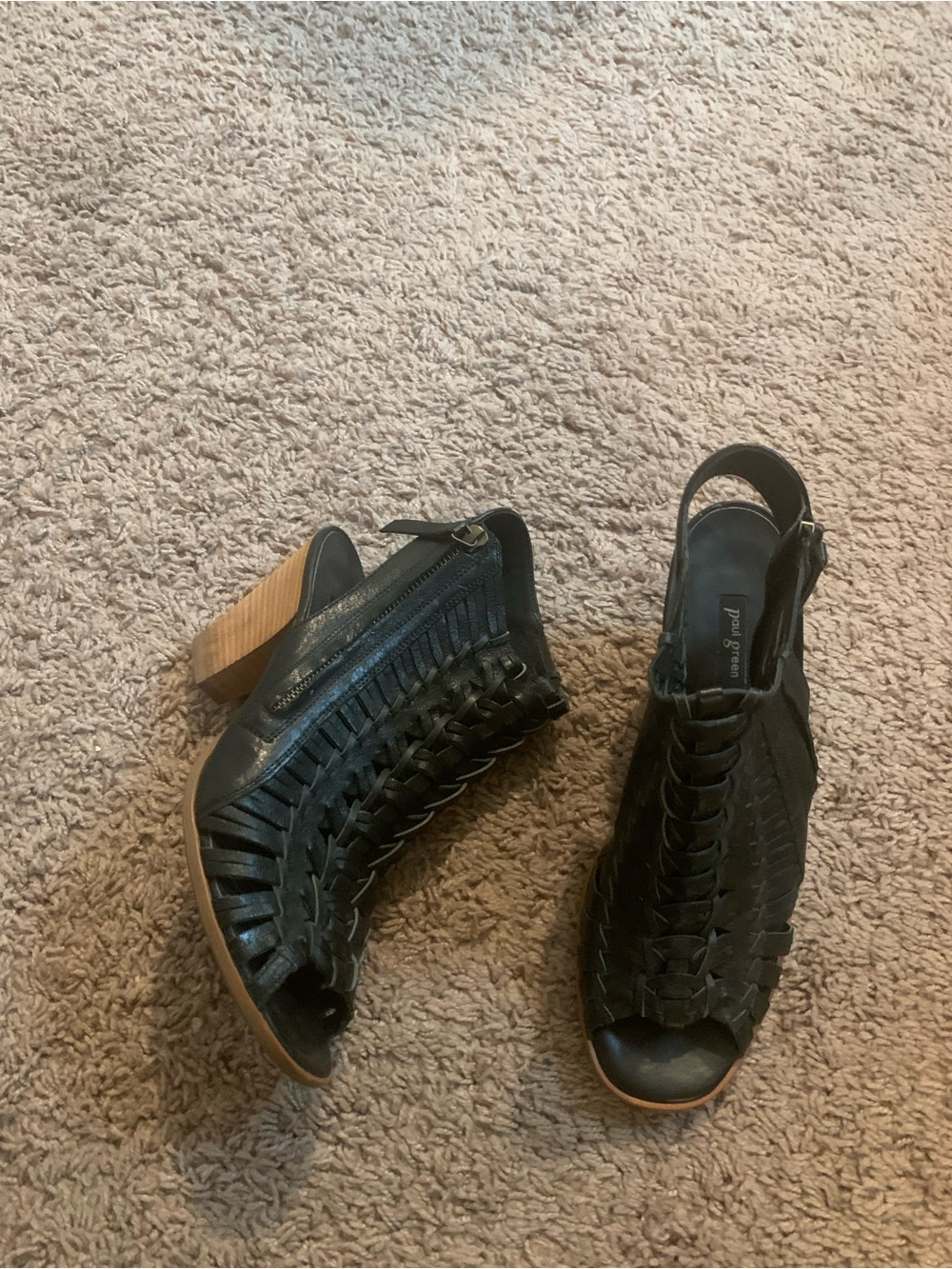 Paul Green Miranda Peep Toe Woven Ankle Boots Bootie Leather Black